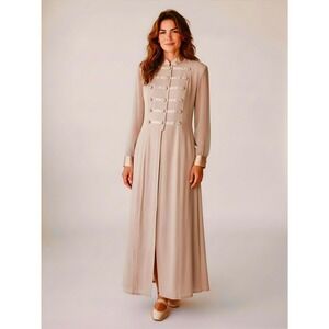VTG 70s Gantos Military Style Maxi Dress Blush Pink Crepe Satin Chiffon Size 14